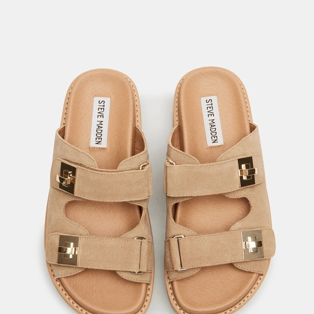 NEW Steve Madden Tan Suede Double Buckle Slide Sandals! So cute 🥰